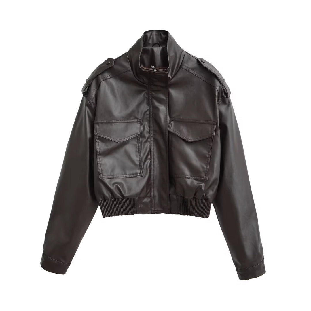 Damen Kurze PU-Leder-Bomberjacke mit hohem Stehkragen, Pattentaschen und Schulterklappen Shop Nory