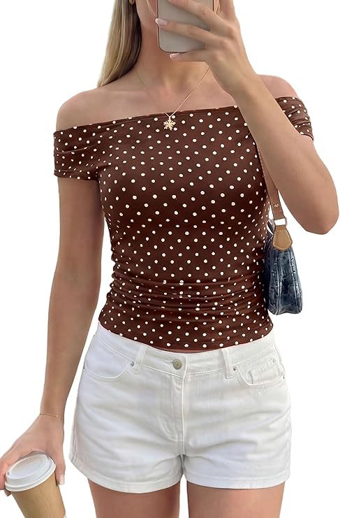 Damen Schulterfreies tailliertes Polka‑Dot Top mit geraffter Seitennaht Shop Nory
