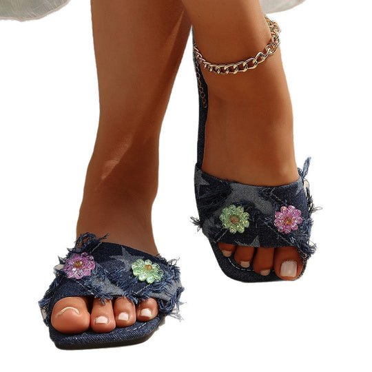 Damen flache Pantoletten mit floralem Strassdesign und rutschfester Sohle Shopnory