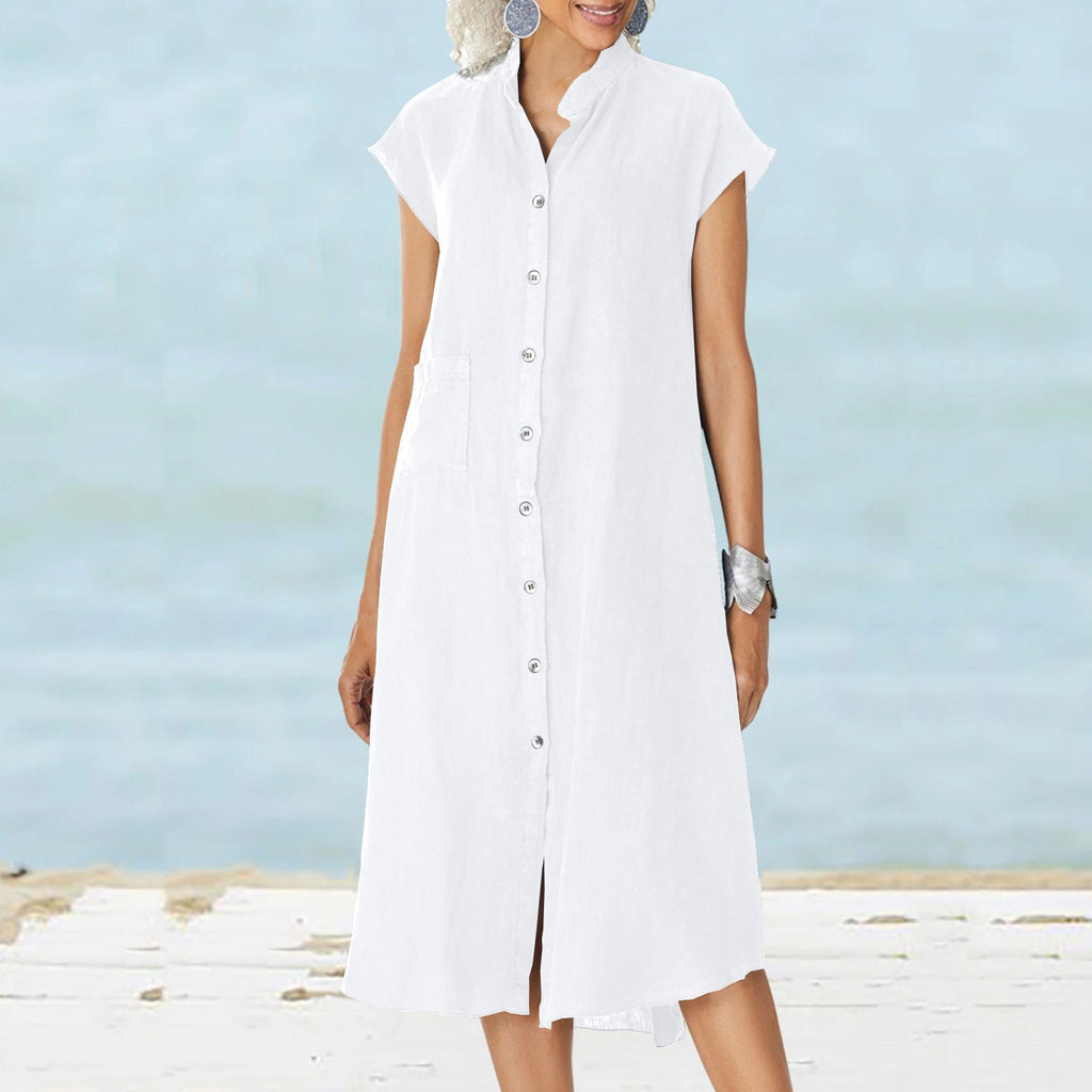 Damen lässiges Midi-Hemdkleid aus Leinen mit Knopfleiste und seitlichen Taschen