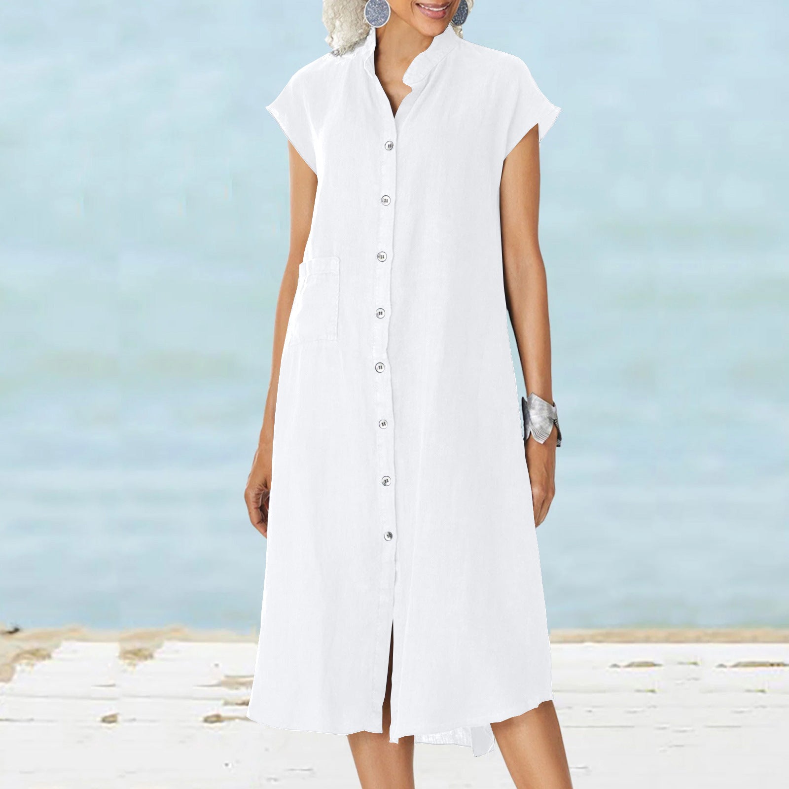 Damen lässiges Midi-Hemdkleid aus Leinen mit Knopfleiste und seitlichen Taschen