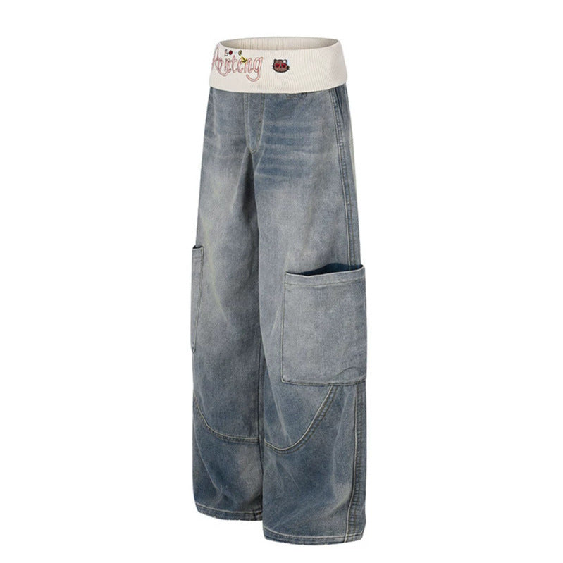 Damen Weite Denim-Palazzo-Cargo-Hose mit Komfort-Rippbund und aufgesetzten Taschen Shop Nory