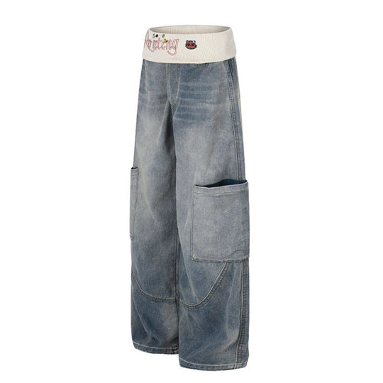 Damen Weite Denim-Palazzo-Cargo-Hose mit Komfort-Rippbund und aufgesetzten Taschen Shop Nory