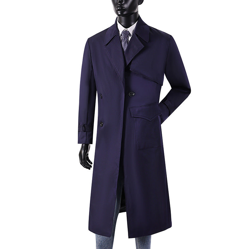 Herren Langmantel im Trenchcoat-Stil mit Sturmklappe, asymmetrischen Taschen und klassischem Revers Shop Nory