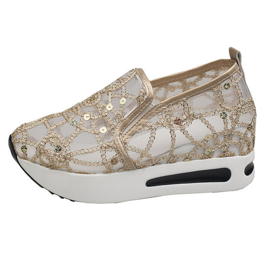 Damen Elegante Keil-Slipper mit transparentem Mesh, Paillettenstickerei und dämpfender Plateau-Sohle Shop Nory