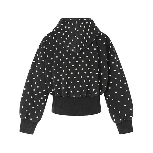 Damen Kurze Kapuzen-Sweatjacke mit durchgehendem Reißverschluss, gepunktetem Allover und breitem Rippbund Shop Nory