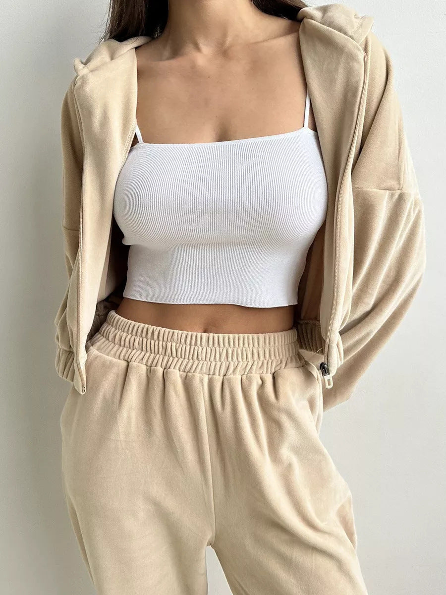 Damen luxuriöser Samt-Trainingsanzug mit geraffter Bomberjacke und High-Waist Jogginghose Shop Nory
