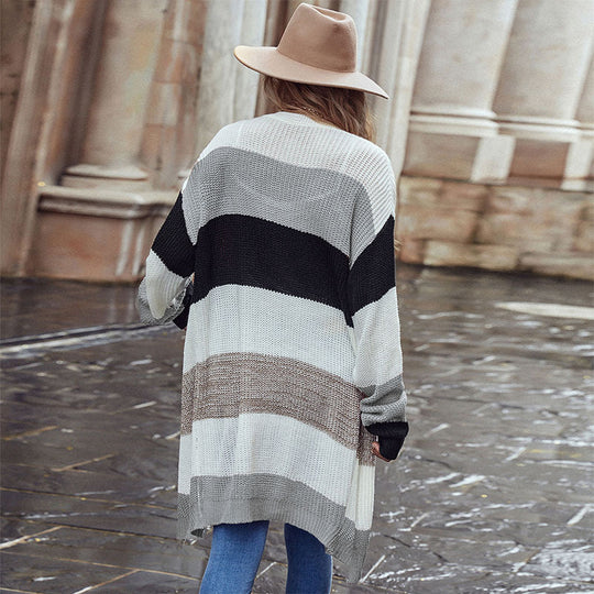 Damen Langer Offener Strickcardigan mit breiten Colorblock-Streifen und gerippten Bündchen Shop Nory