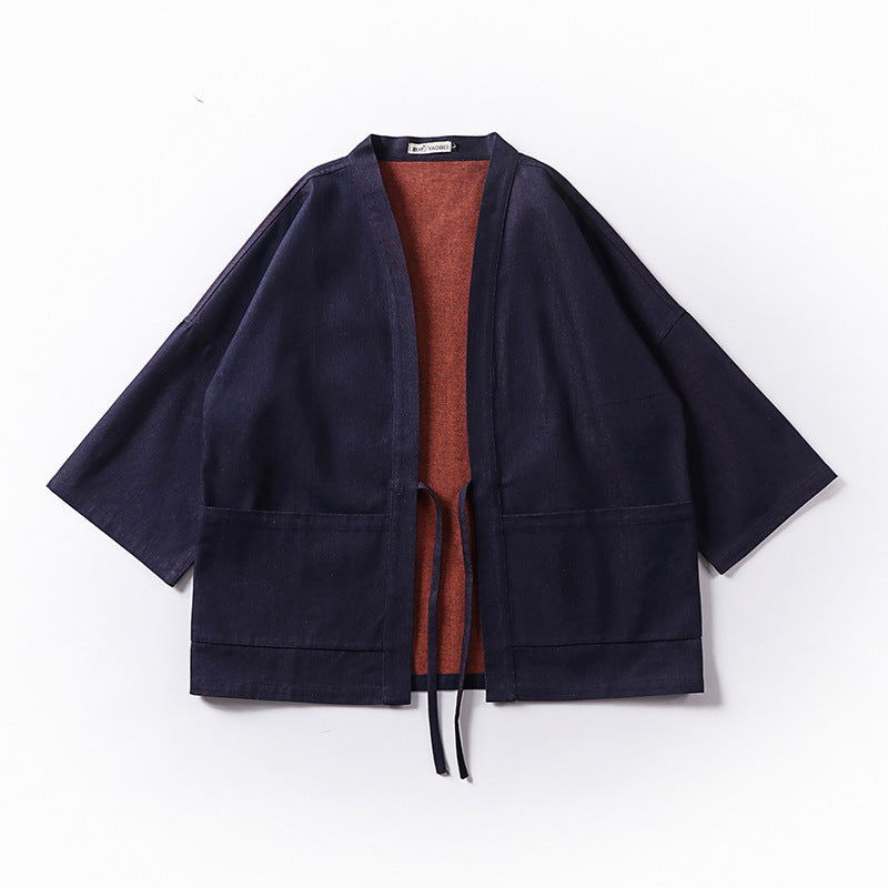 Unisex weit geschnittene Kimono-Jacke aus Baumwoll-Denim mit Bindeband und großen Aufgesetzten Taschen Shop Nory