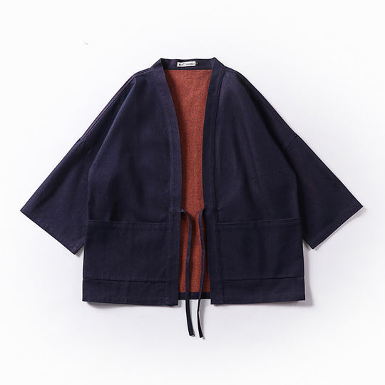 Unisex weit geschnittene Kimono-Jacke aus Baumwoll-Denim mit Bindeband und großen Aufgesetzten Taschen Shop Nory