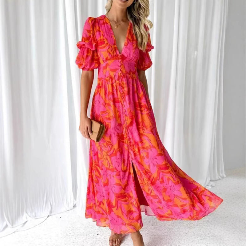 Damen Maxikleid mit Blumenmuster und V-Ausschnitt