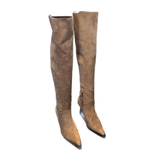 Damen Overknee-Stiefel aus Veloursoptik mit spitzer Zehenform und schmalem Absatz Shop Nory