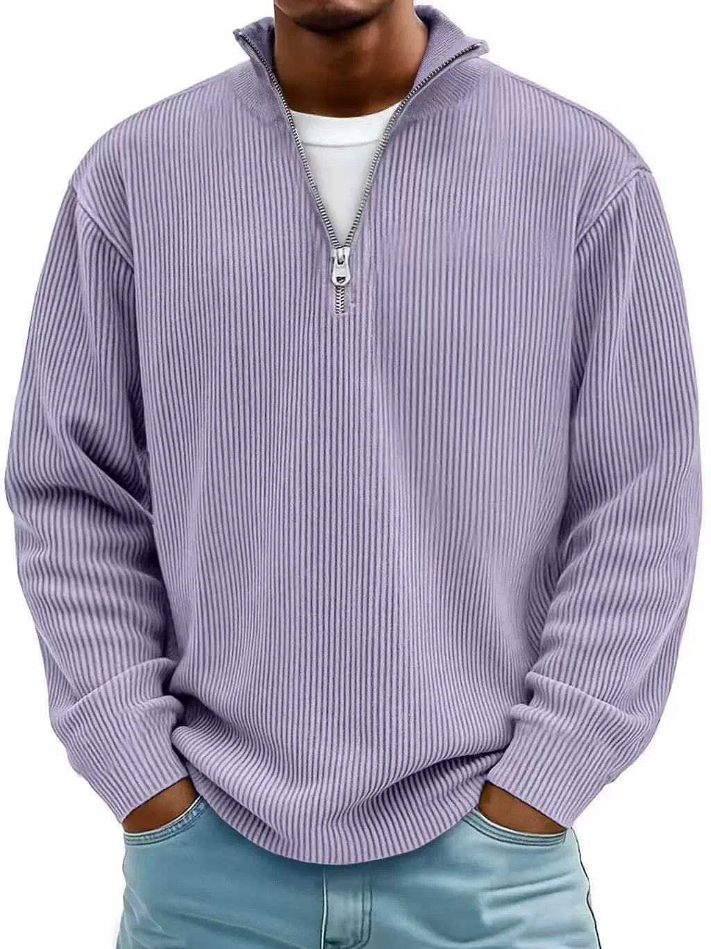 Herren Gerippter Halbzip-Strickpullover mit Stehkragen und lockerer Passform Shop Nory