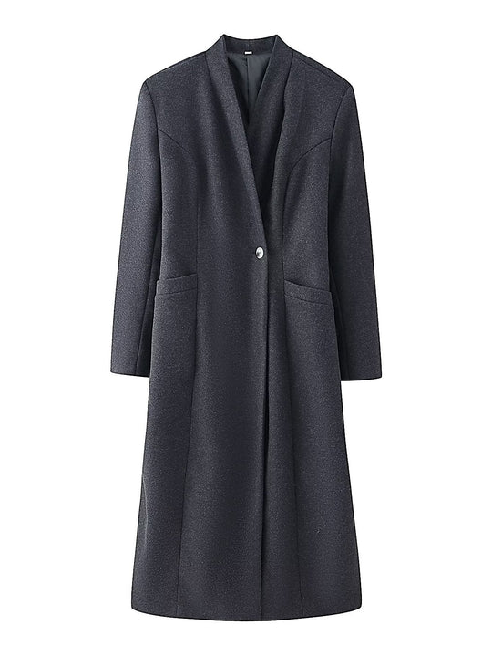 Damen Schlichter Midi-Mantel aus Wollmix mit V‑Kragen, Taillierungsnähten und seitlichen Eingrifftaschen Shop Nory