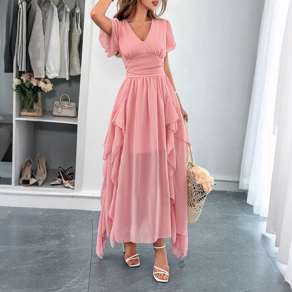 Damen Maxi-Kleid mit fließendem Rüschendesign und V-Ausschnitt