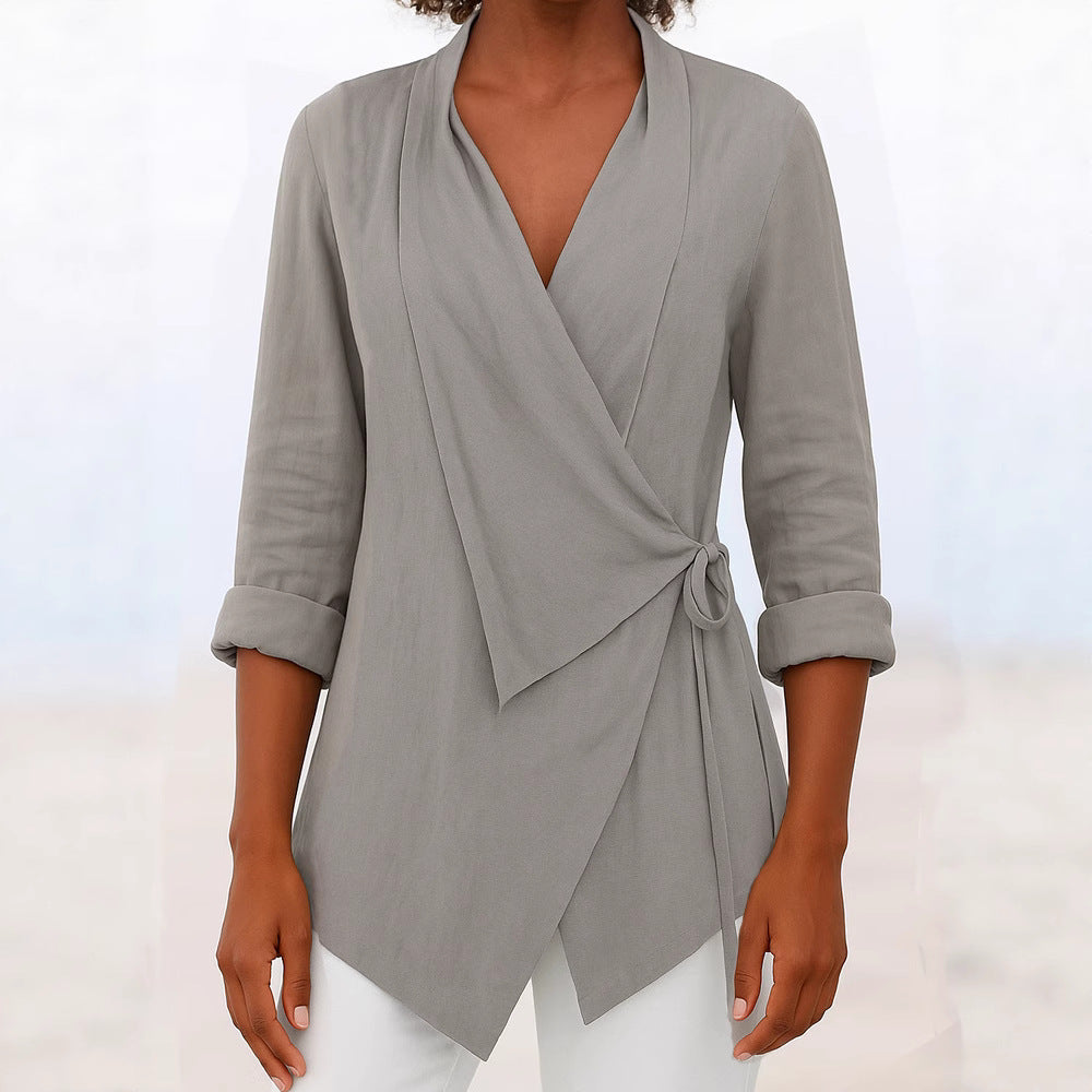 Damen Asymmetrische Wickelbluse mit Schalkragen und 3/4-Ärmeln Shop Nory