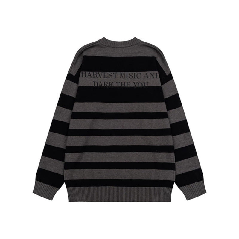 Damen Gestreifter Oversize-Strickpullover mit Rundhals und Musik-Grafik Shop Nory
