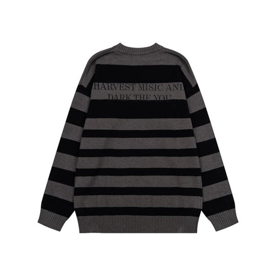 Damen Gestreifter Oversize-Strickpullover mit Rundhals und Musik-Grafik Shop Nory