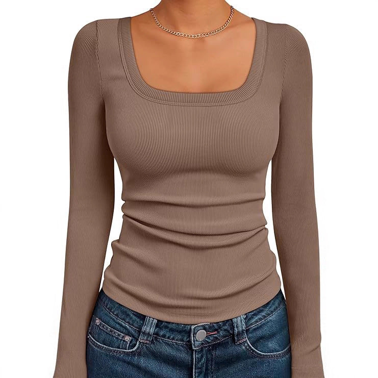 Damen Figurnahes Ripp-Langarmshirt mit weitem Carré-Ausschnitt und Stretch-Baumwollmix Shop Nory