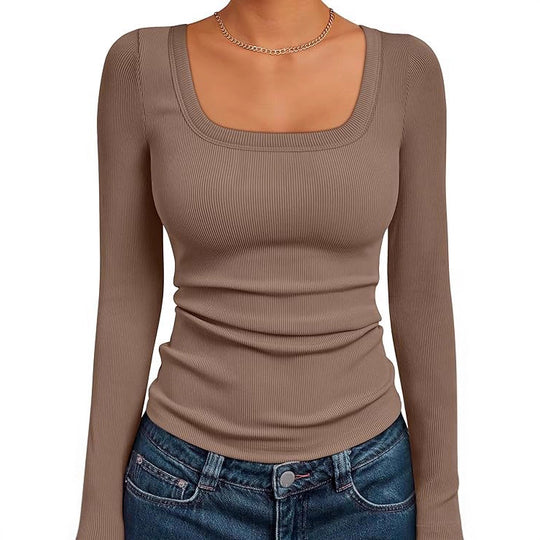 Damen Figurnahes Ripp-Langarmshirt mit weitem Carré-Ausschnitt und Stretch-Baumwollmix Shop Nory