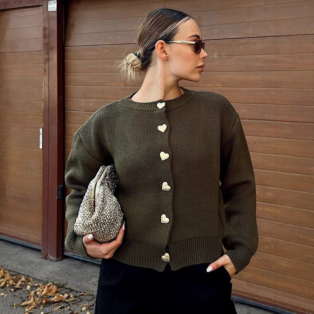 Damen Kurze Strickjacke mit Herzknöpfen, strukturierter Feinstrick-Optik & geripptem Saum Shop Nory