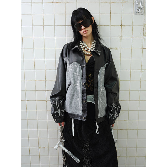 Unisex Boxy-Blouson aus Lederimitat und Wollmix mit Westernstickerei Shop Nory