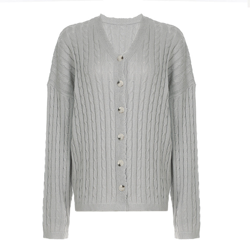 Damen nan Zopfmuster-Cardigan mit V-Ausschnitt, überschnittener Schulter und durchgehender Knopfleiste Shop Nory