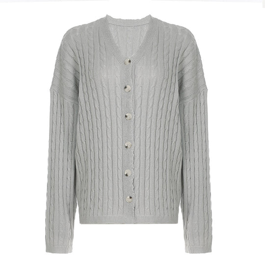 Damen nan Zopfmuster-Cardigan mit V-Ausschnitt, überschnittener Schulter und durchgehender Knopfleiste Shop Nory