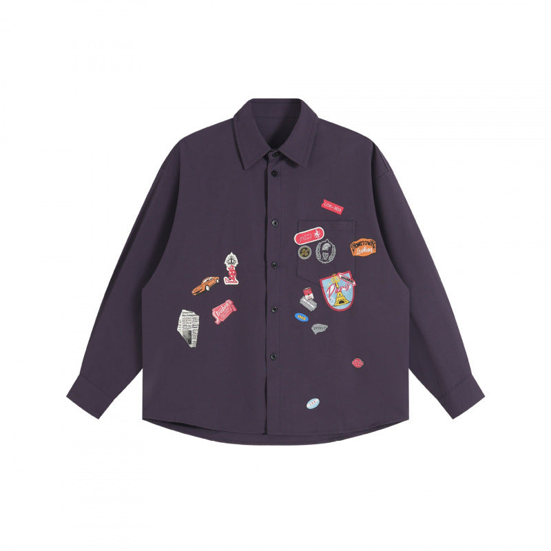Unisex Oversize-Hemd mit aufgenähten Retro-Patch-Applikationen und kastiger Silhouette Shop Nory