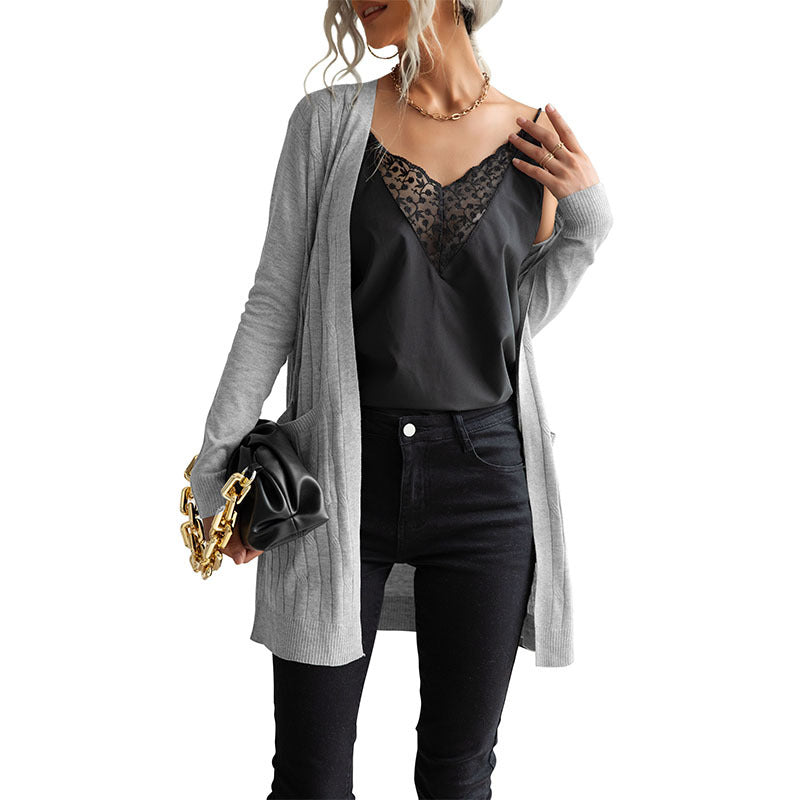 Damen Langer Feinstrick-Cardigan mit Rippenstruktur und Eingrifftaschen Shop Nory