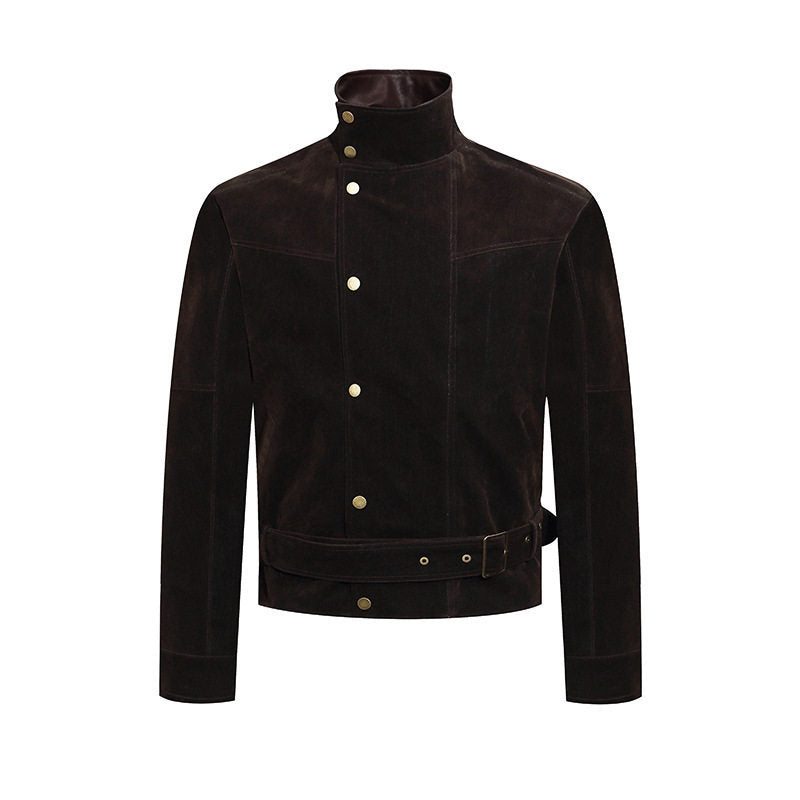 Herren Wildleder-Bikerjacke mit Stehkragen, Druckknopffront und Taillengürtel Shop Nory