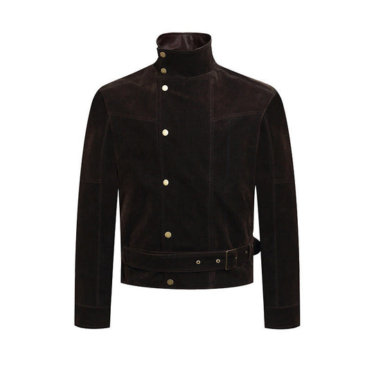 Herren Wildleder-Bikerjacke mit Stehkragen, Druckknopffront und Taillengürtel Shop Nory