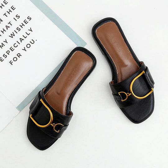 Damen Elegante Slides mit luxuriösem goldenen Akzent und bequemem Fußbett Shopnory
