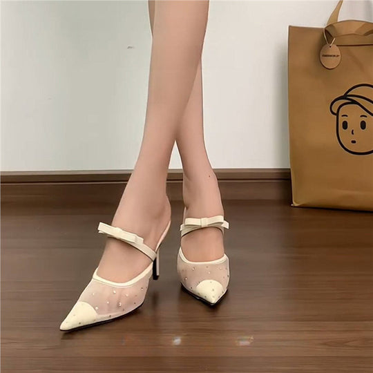 Damen Elegante spitz zulaufende Mesh-Mules mit niedrigem Kitten-Absatz und Schleifenriemen Shop Nory