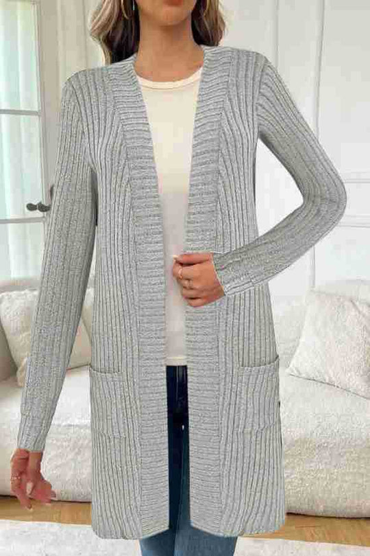 Damen Langer Feinstrick-Cardigan mit Rippenstruktur, offenen Kanten und Eingrifftaschen Shop Nory