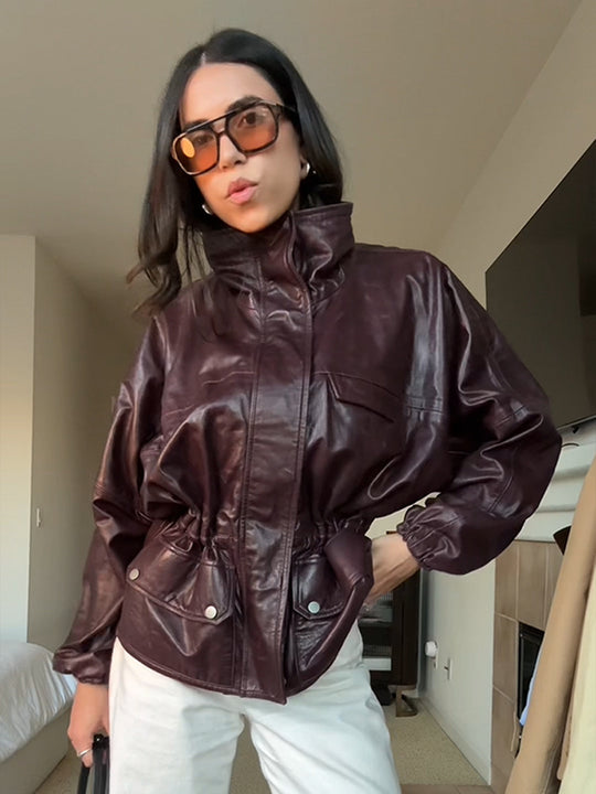 Damen Oversize Lederimitat-Blouson mit hohem Stehkragen und Taillenzug Shop Nory