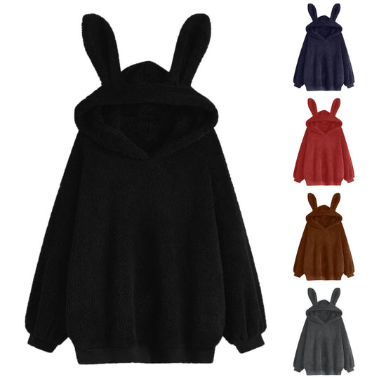 Damen nan flauschiger Oversize-Kapuzenpullover mit langen Hasenohren und gerippten Bündchen Shop Nory