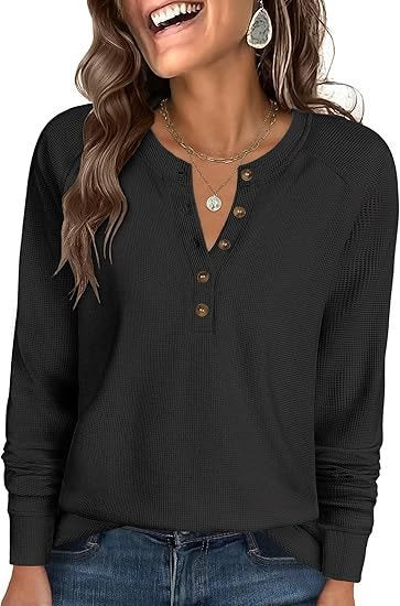 Damen Waffelstrick-Henley-Longsleeve mit Knopfleiste, Raglanärmeln und gerippten Bündchen Shop Nory
