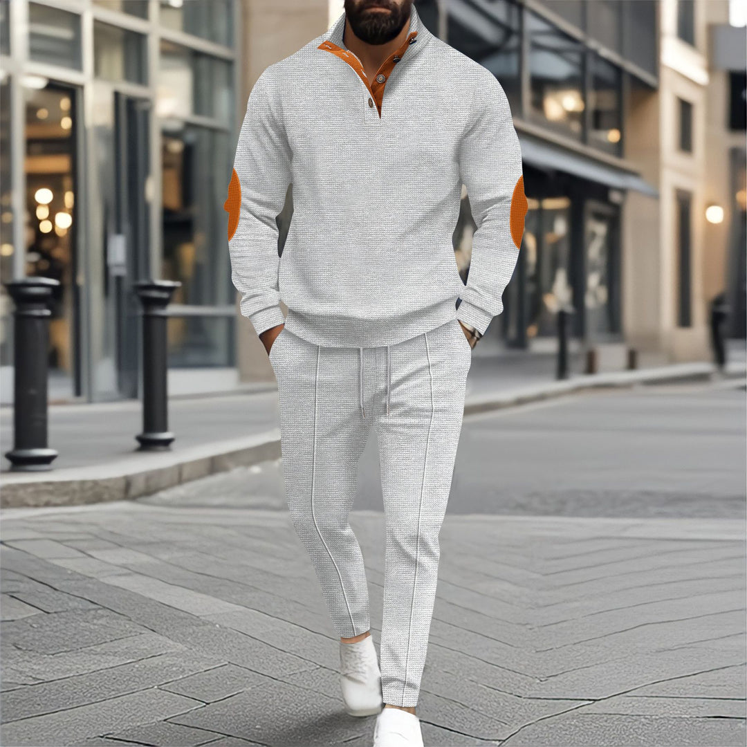 Herren nan feinstrukturiertes Halbkragen-Sweatshirt mit Knopfleiste, dekorativen Ellbogenpatches und legerem Saumabschluss Shop Nory