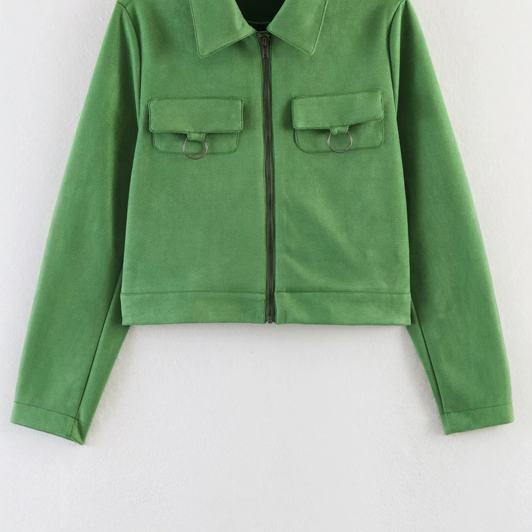 Damen Kurz geschnittene Velours‑Optik Jacke mit Brusttaschen und Reißverschluss Shop Nory