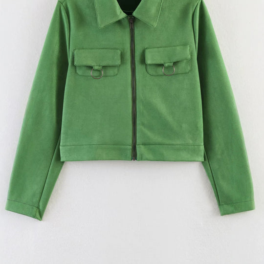 Damen Kurz geschnittene Velours‑Optik Jacke mit Brusttaschen und Reißverschluss Shop Nory