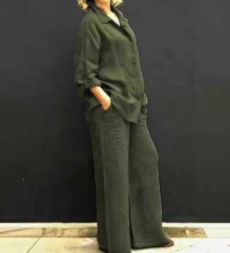 Damen Leichtes Leinen-Loungewear-Set mit Oversized-Hemd und weiter Palazzo-Hose Shop Nory