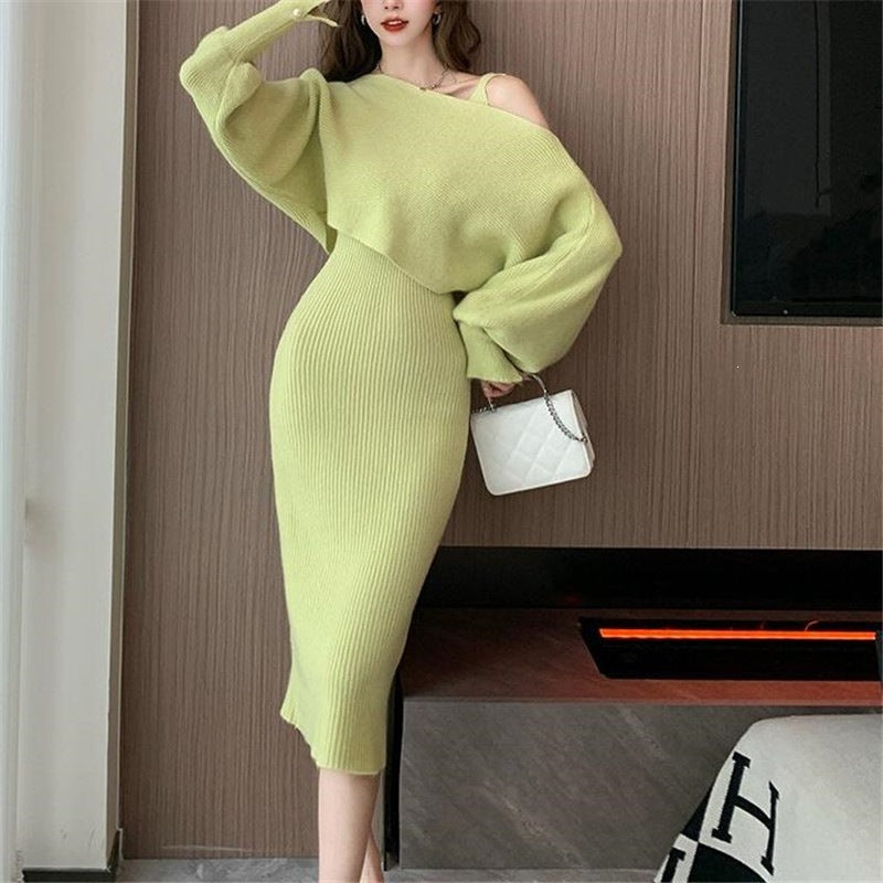 Damen Elegantes Strickkleid mit V-Ausschnitt und passendem Cardigan Shop Nory
