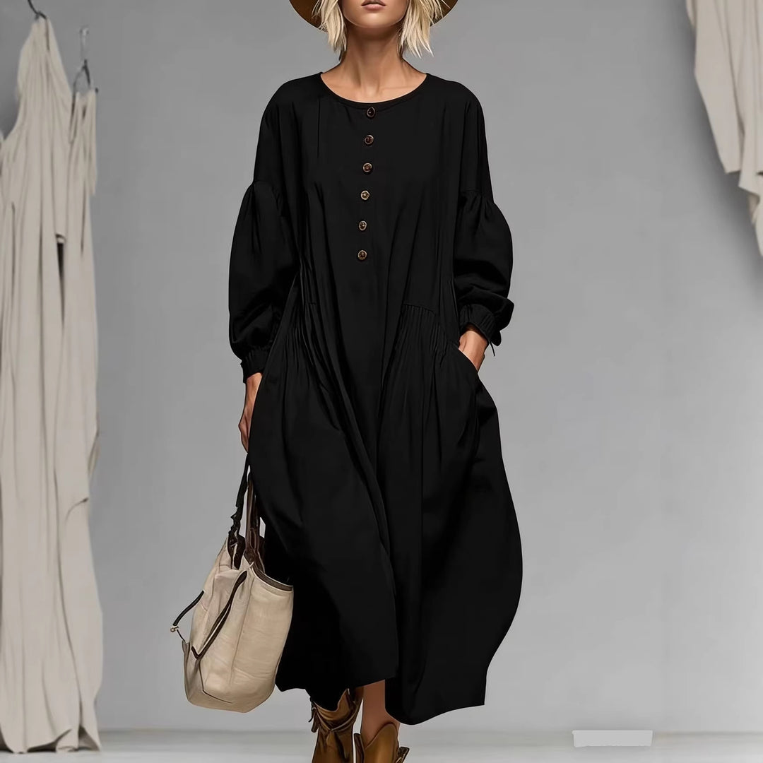 Damen Lässiges Midi-Kleid mit Knopfleiste, Ballonärmeln und Eingrifftaschen Shop Nory