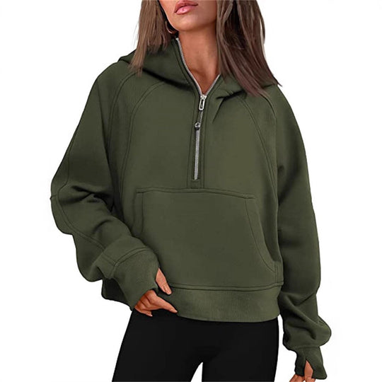 Damen Kurz geschnittener Kapuzenpullover mit halbem Reißverschluss und Kängurutasche Shop Nory