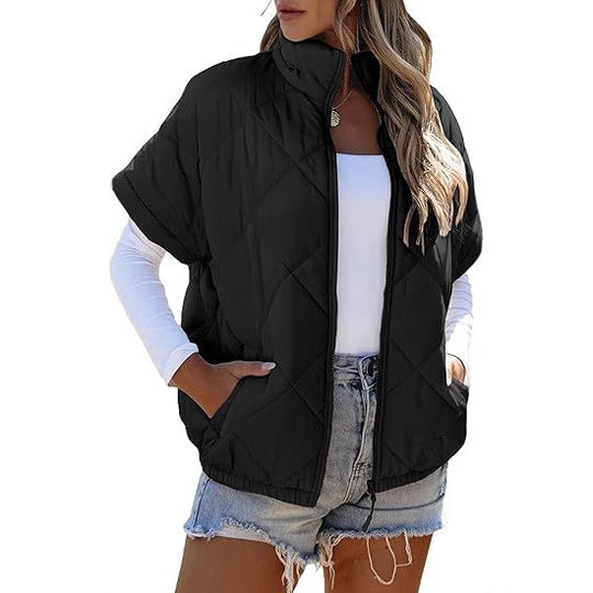 Damen Kurzärmelige gesteppte Weste mit Stehkragen, Reißverschluss und Eingrifftaschen Shop Nory