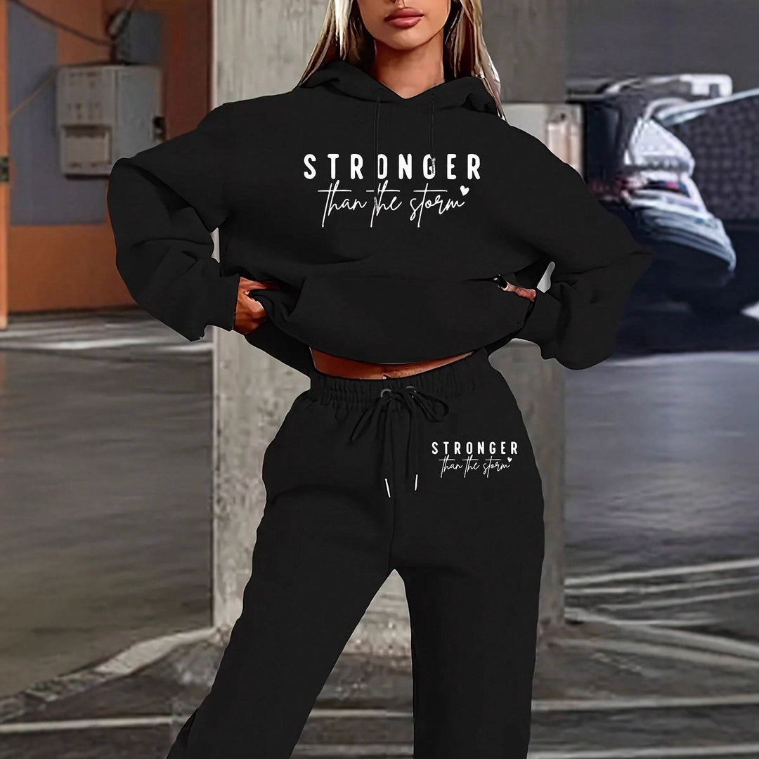 Damen nan Cropped-Hoodie und Jogginghose Set mit Statement-Print, Kängurutasche und elastischem Bund Shop Nory