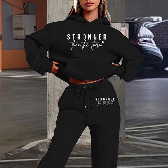 Damen nan Cropped-Hoodie und Jogginghose Set mit Statement-Print, Kängurutasche und elastischem Bund Shop Nory