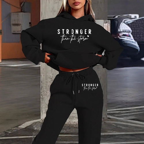 Damen nan Cropped-Hoodie und Jogginghose Set mit Statement-Print, Kängurutasche und elastischem Bund Shop Nory