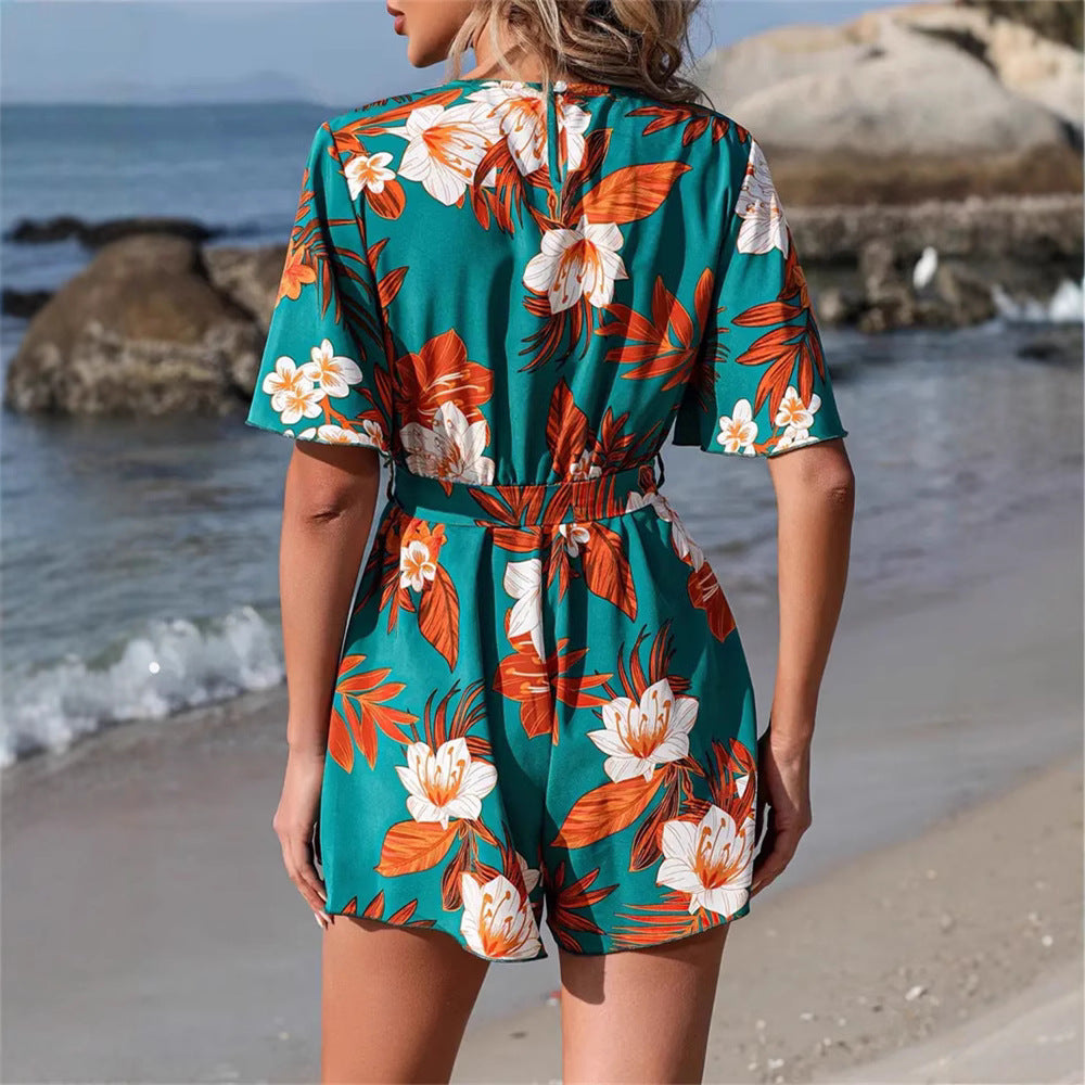 Damen floral gestalteter Wickel-Overall mit lässigem Schnitt Shopnory